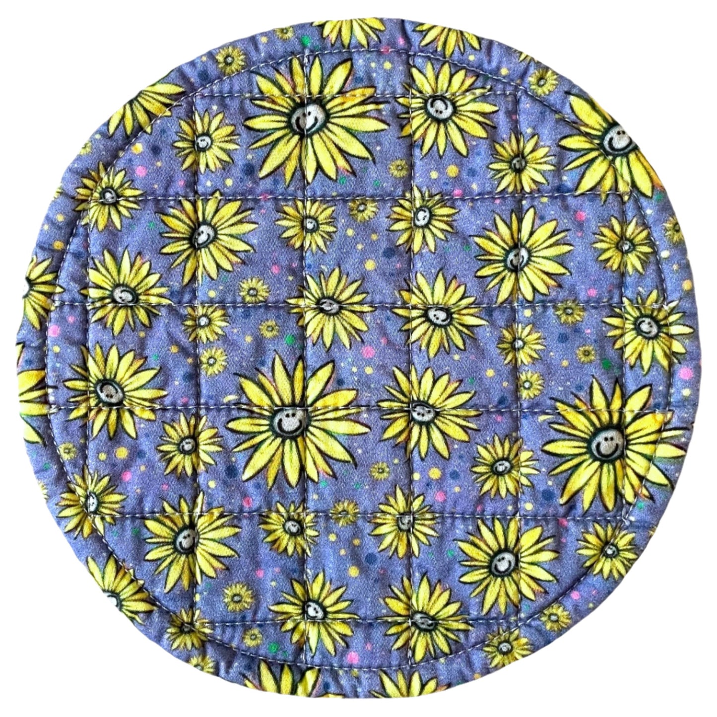 Round saucer mat / mug mat with yellow smiling flowers on purple background