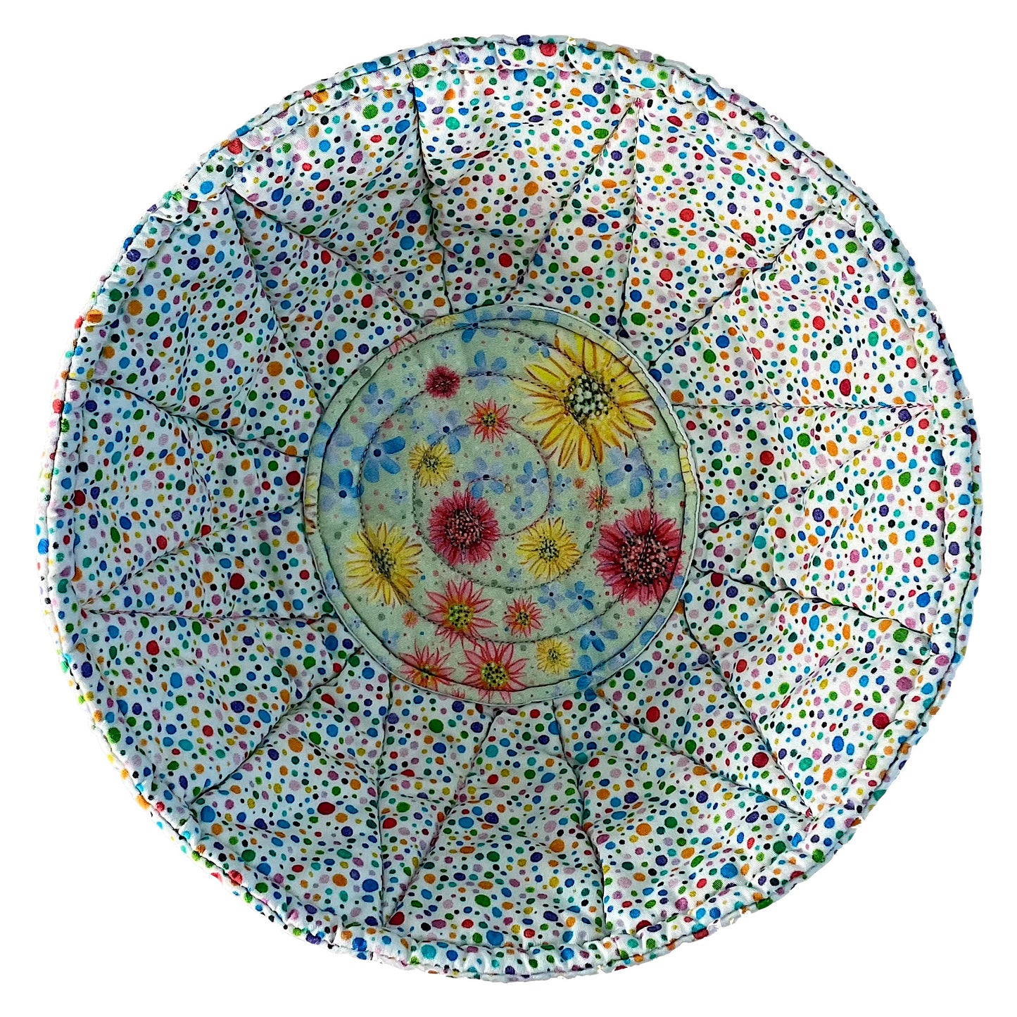 Quilted bowl cozy top view in rainbow polka dots and floral design.
