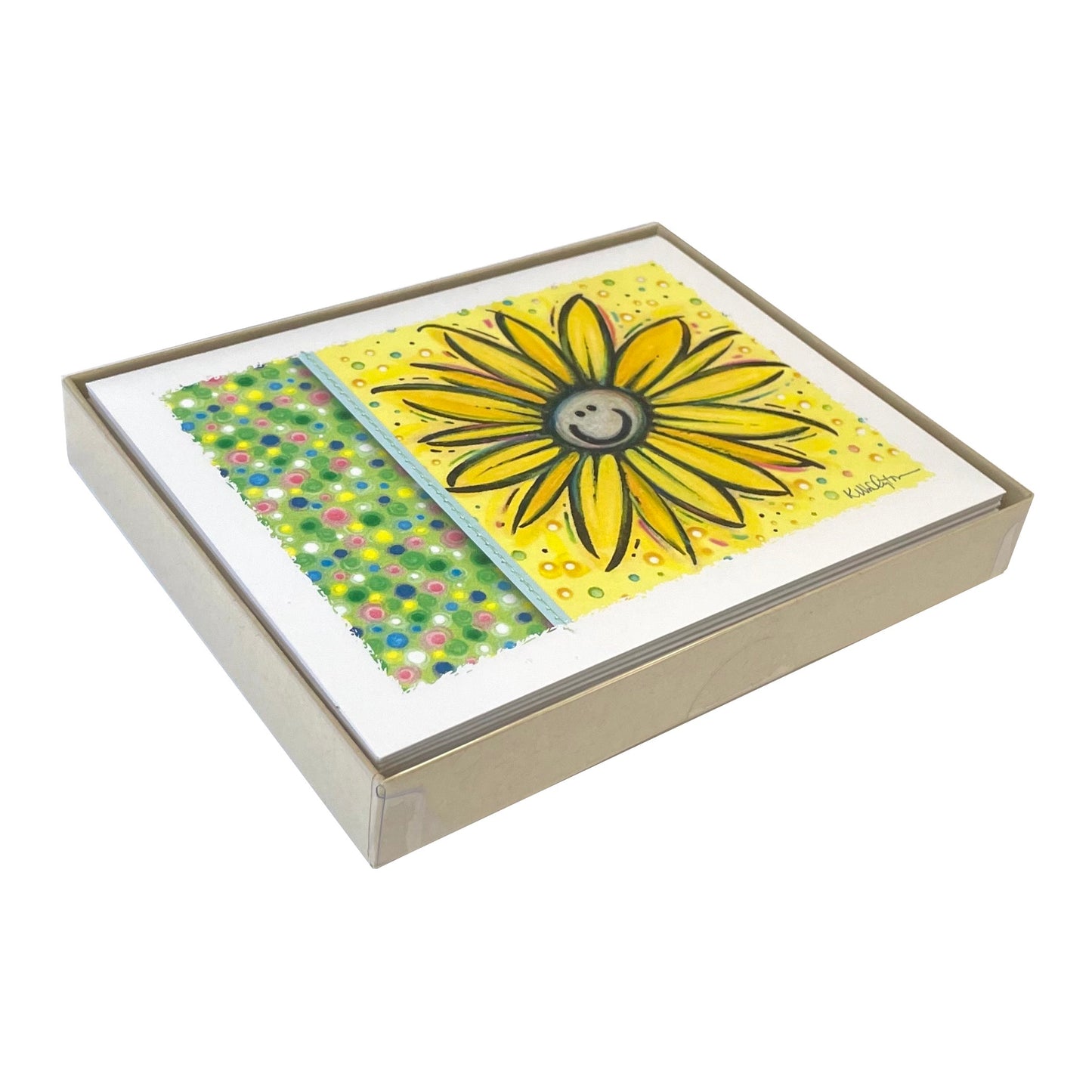 Smiling yellow daisy and polka dots design notecards 10-pack in light brown box with clear lid.
