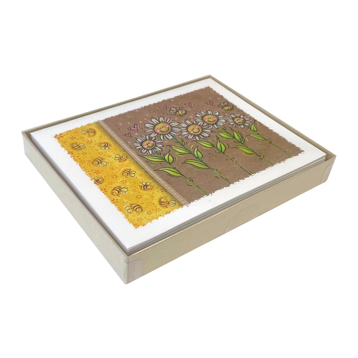 Smiling bees and daisies design notecards 10-pack in light brown box with clear lid.