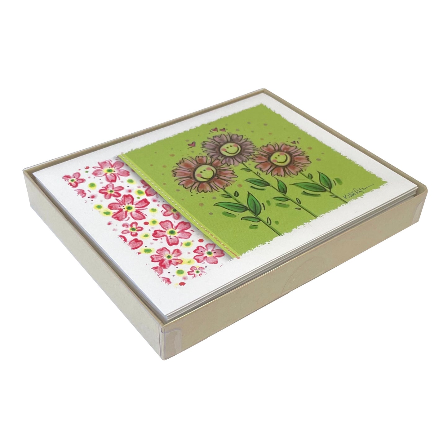 Smiling zinnias and pink flowers design notecards 10-pack in light brown box with clear lid.