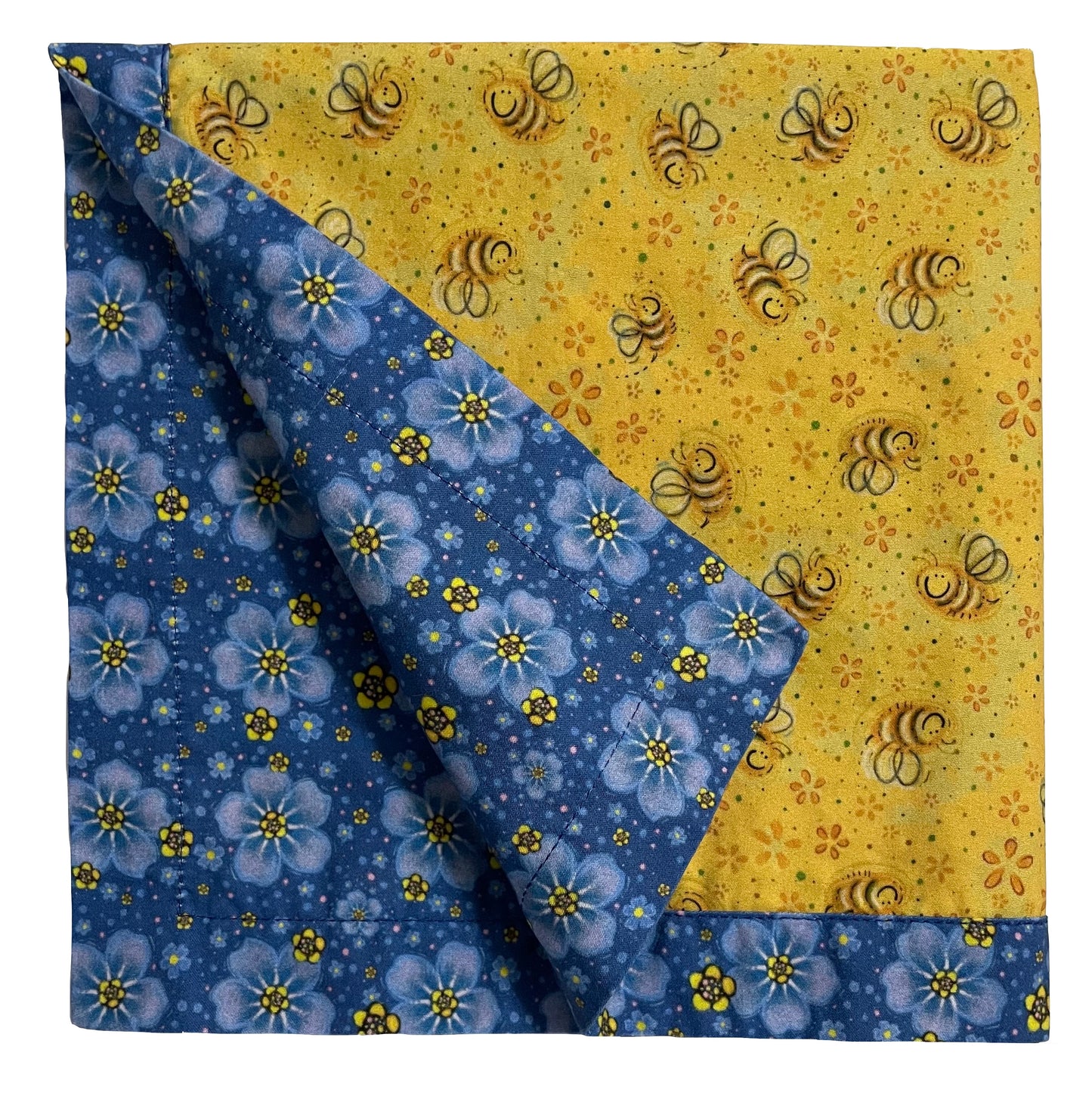 2-color reversible cloth napkin quarter-folded showing back blue floral design and front yellow bees design with blue floral border.