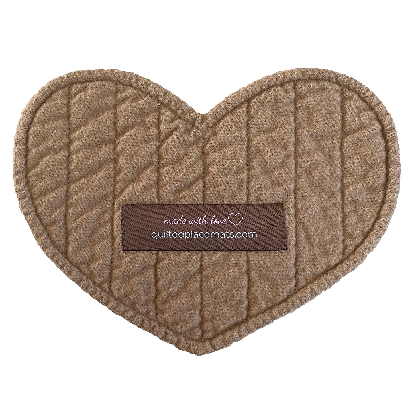 Heart-shaped quilted mug mat, mini mat, saucer mat, coaster back view in light brown showing label.