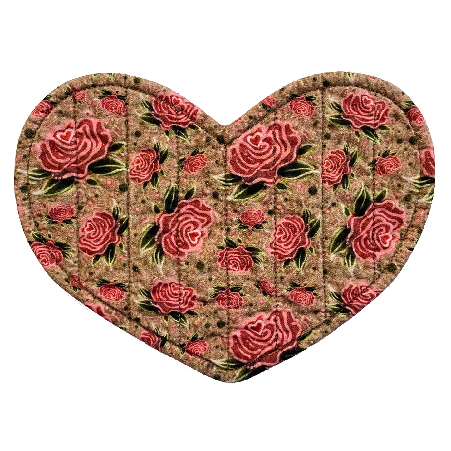 Heart shaped quilted mug mat, mini mat, saucer mat, coaster with red and pink roses on light brown background.