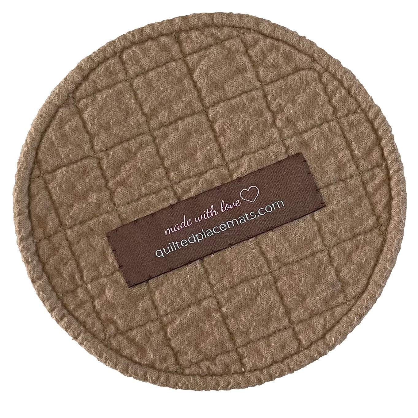 Round quilted mug mat, mini mat, saucer mat, coaster back view in light brown showing label.