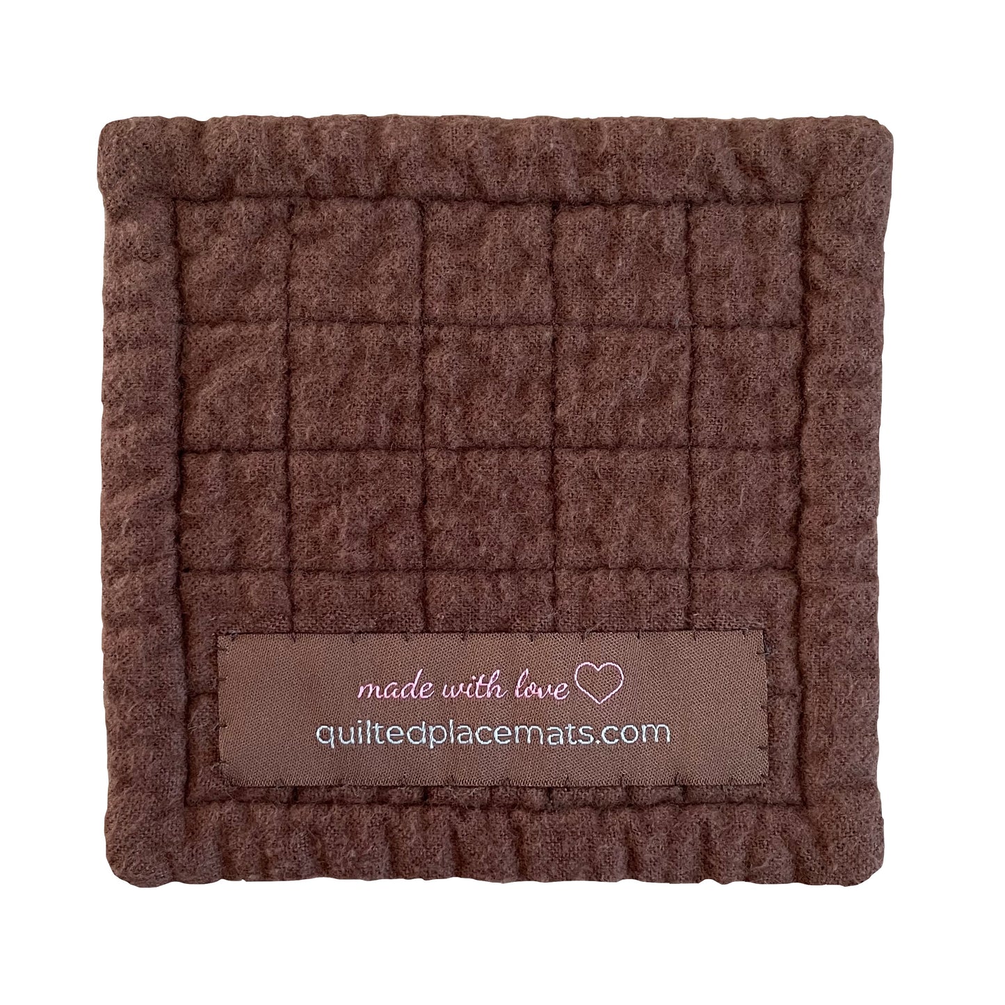Square quilted mug mat, mini mat, saucer mat, coaster back view in medium brown showing label.
