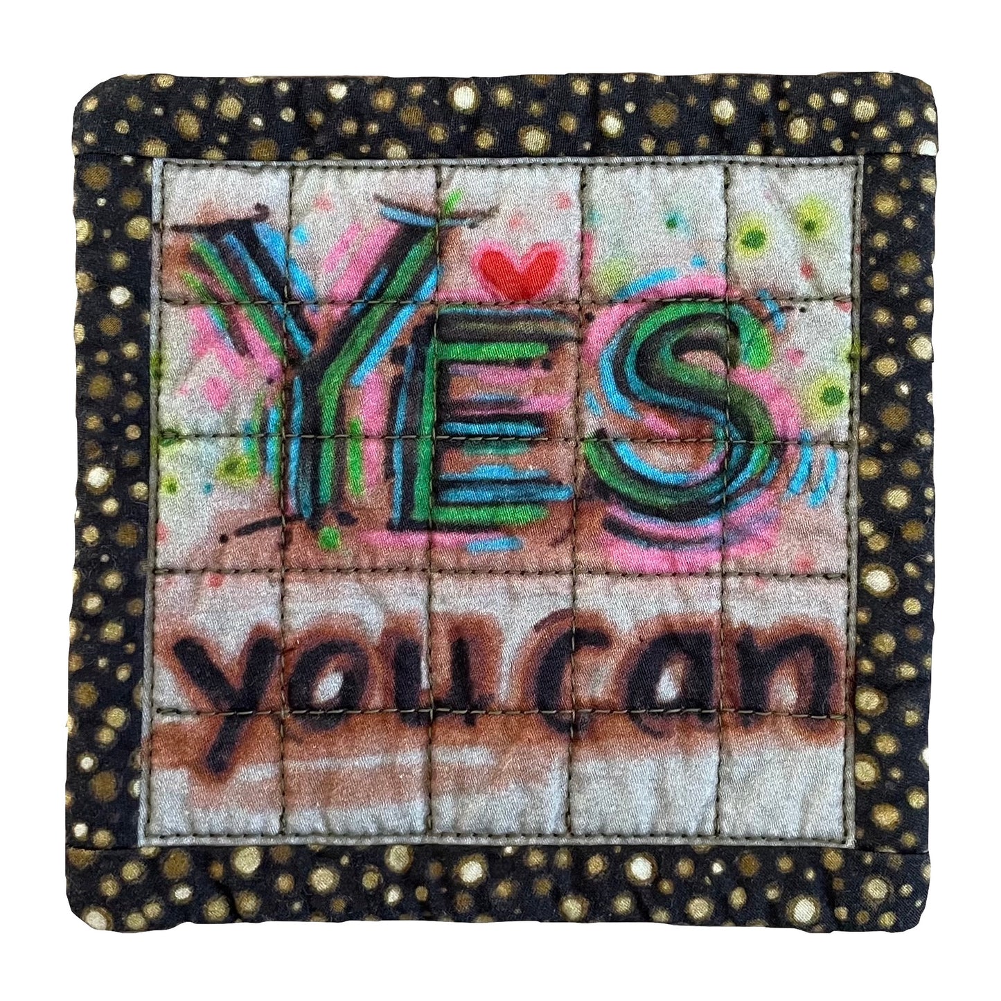 Square quilted mug mat, mini mat, saucer mat, coaster with Yes You Can design and brown polka dot border.