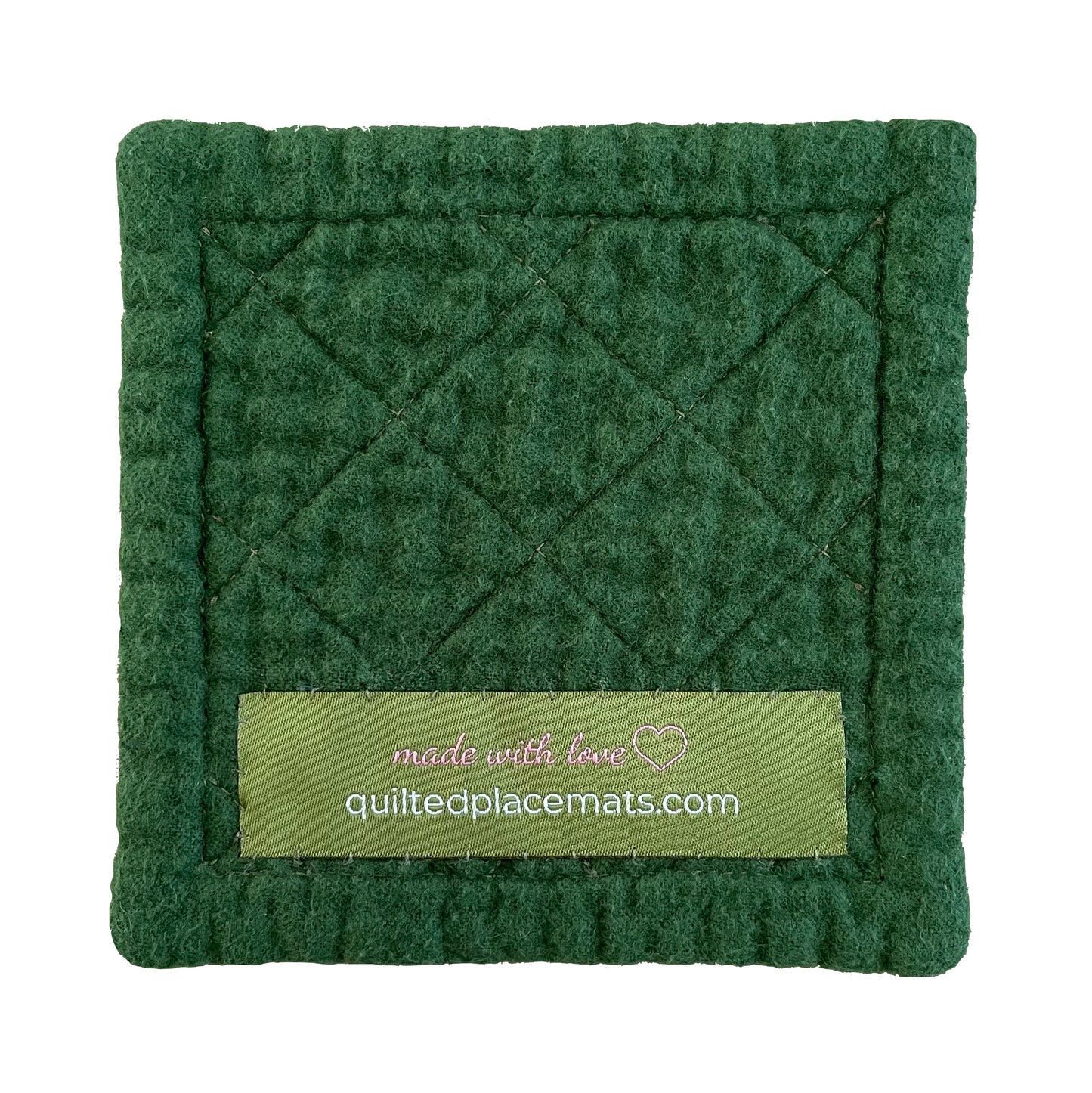 Square quilted mug mat, mini mat, saucer mat, coaster back view in dark green showing label.