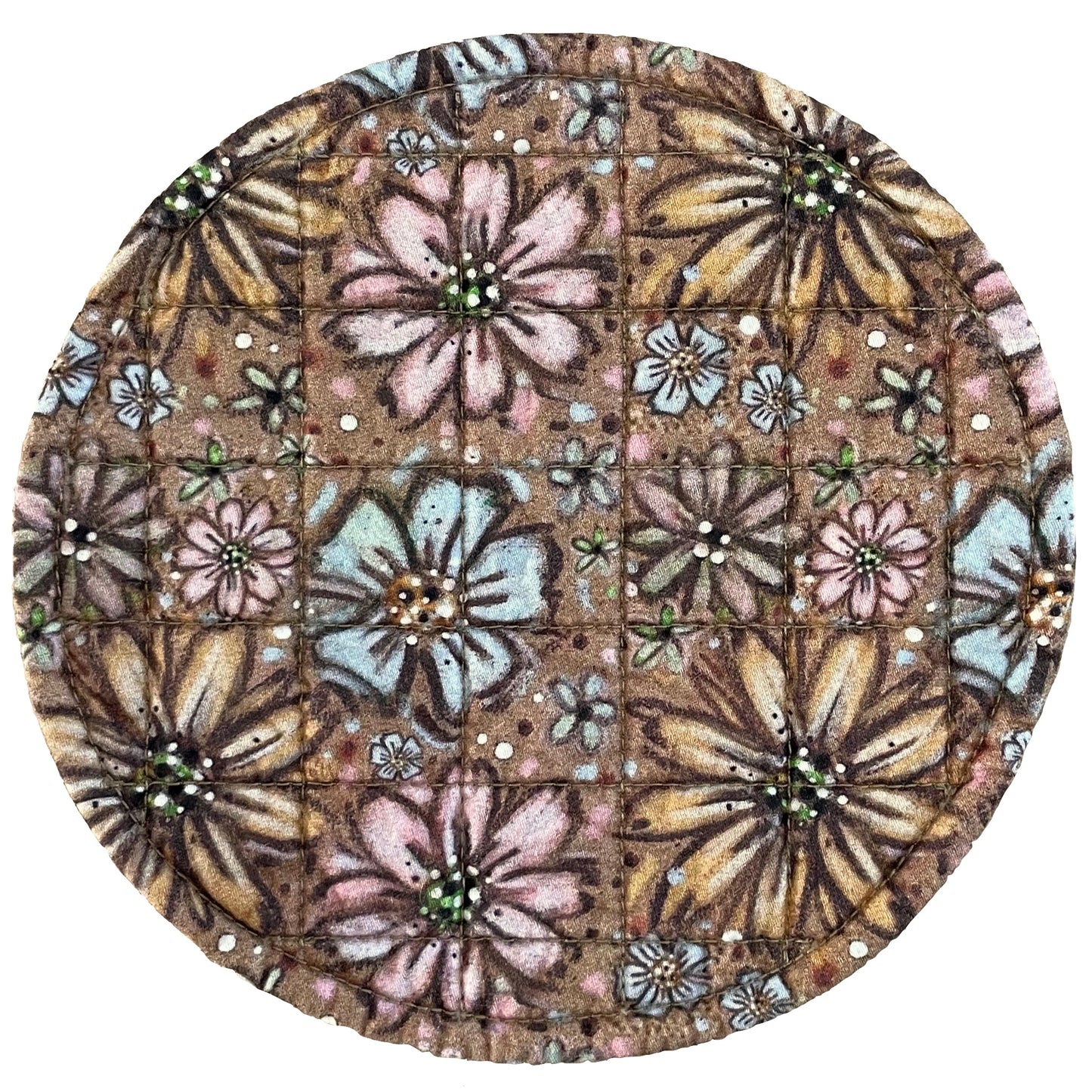 Round quilted mug mat, mini mat, saucer mat, coaster in rustic floral design on light brown background.