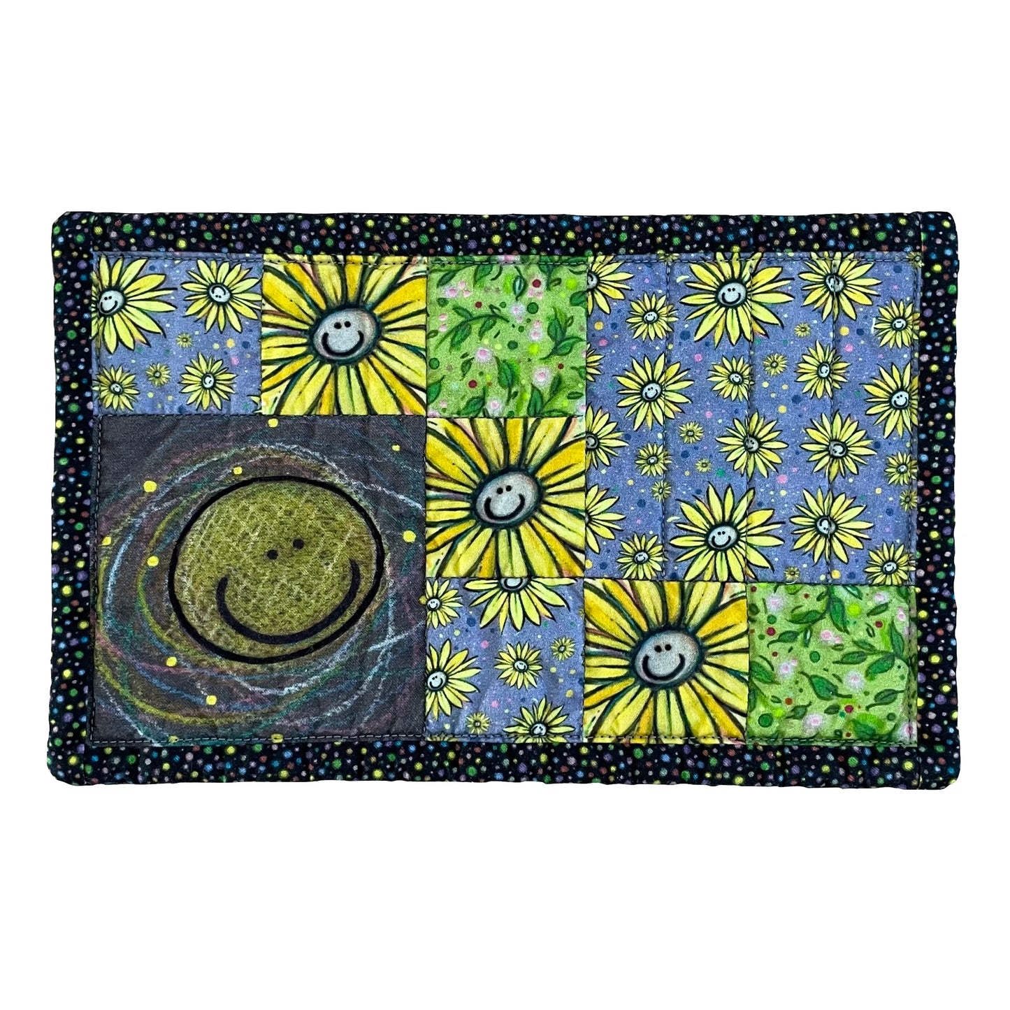 Quilted mug mat, mini mat, snack mat, coaster rectangle with smiley face, smiling flowers and colorful polka dot border.
