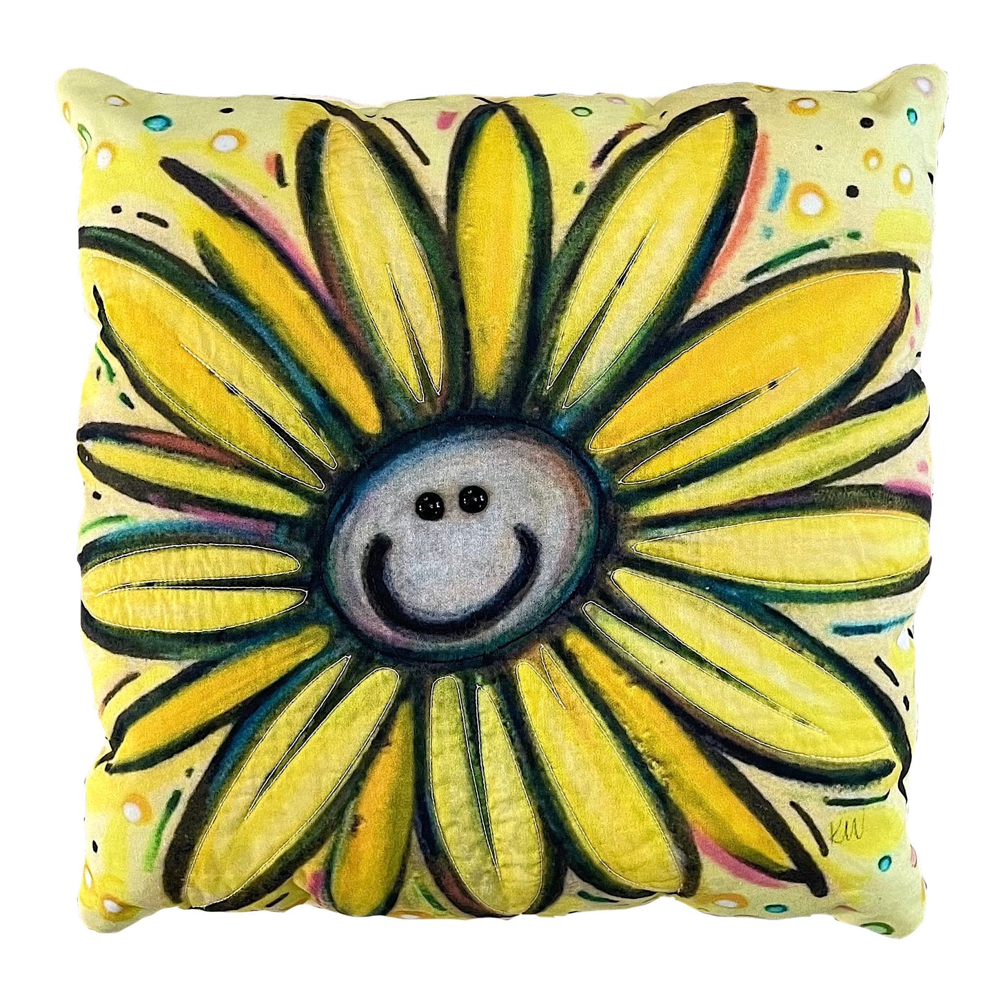 Bright yellow square throw pillow with big yellow smiley daisy design and shiny black eyes.