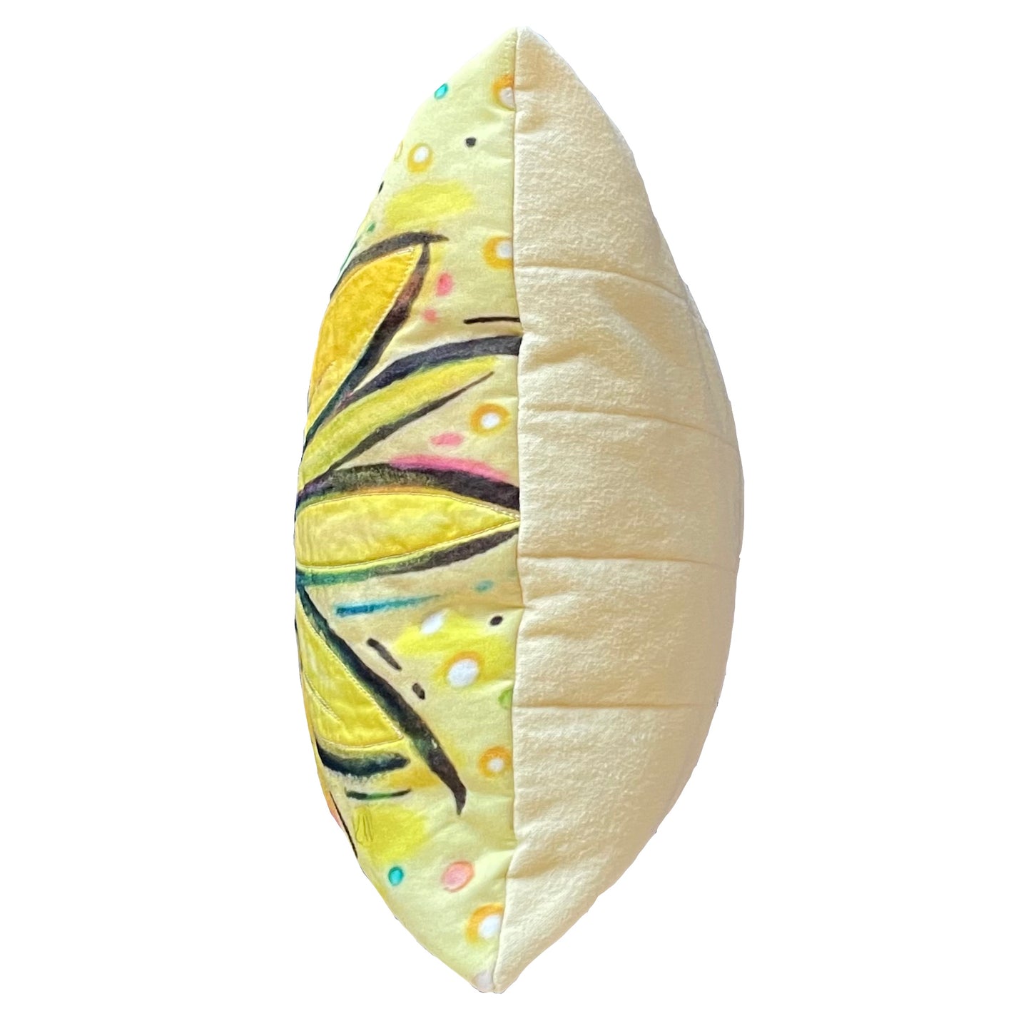 Side view of bright yellow square throw pillow showing partial front petals and light yellow back.